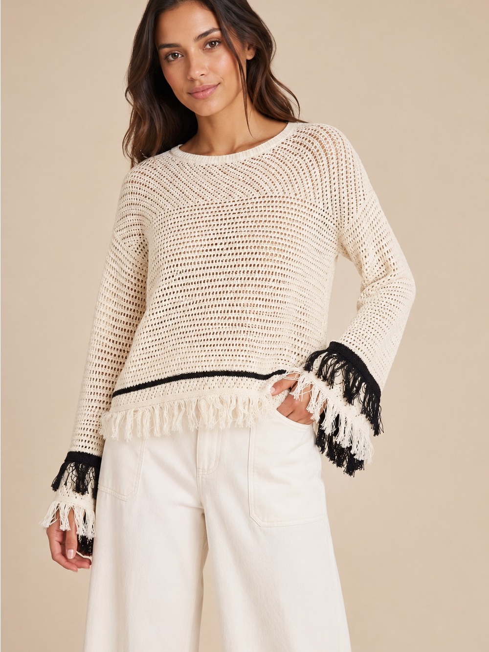 Ramy Brook Mikay Fringe Crochet Sweater – Neutral Combo | XXL | NWT